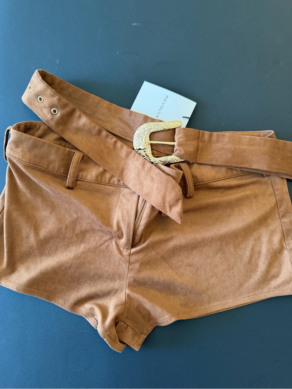 REVOLVE Suede-Look Belted Shorts in Brown